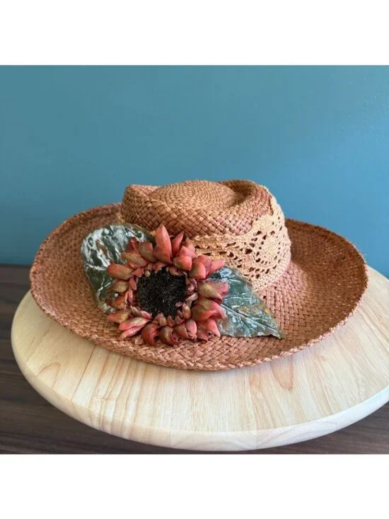 Vintage 1990s Womens Woven Straw Hat W/ Crochet Band & Faux Sunflower 22.5" or L - Picture 5 of 10